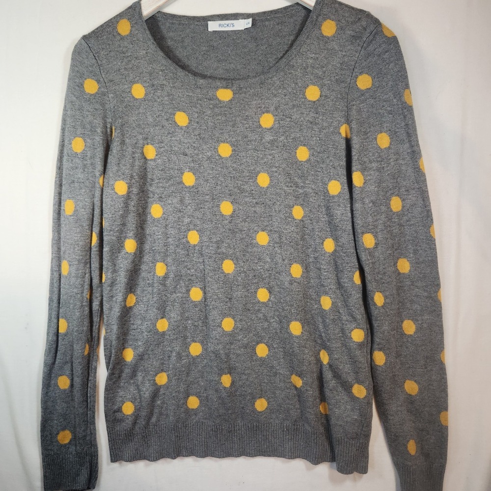 Rickis Womens Grey Yellow Polka Dot Long Sleeve Scoop Neck Sweater